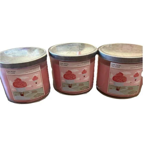 Bath & Body Works Pink Petal Tea Cake 3-Wick Candles Bakery Floral New Lot Of 3*